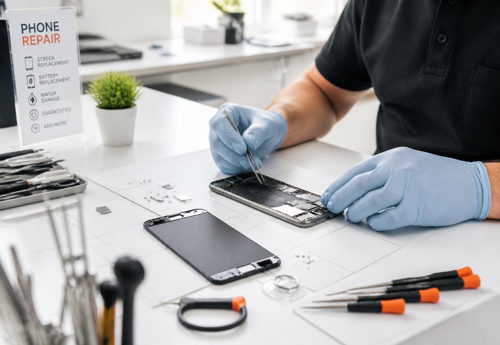 Technician repairing a smartphone on a bright workbench